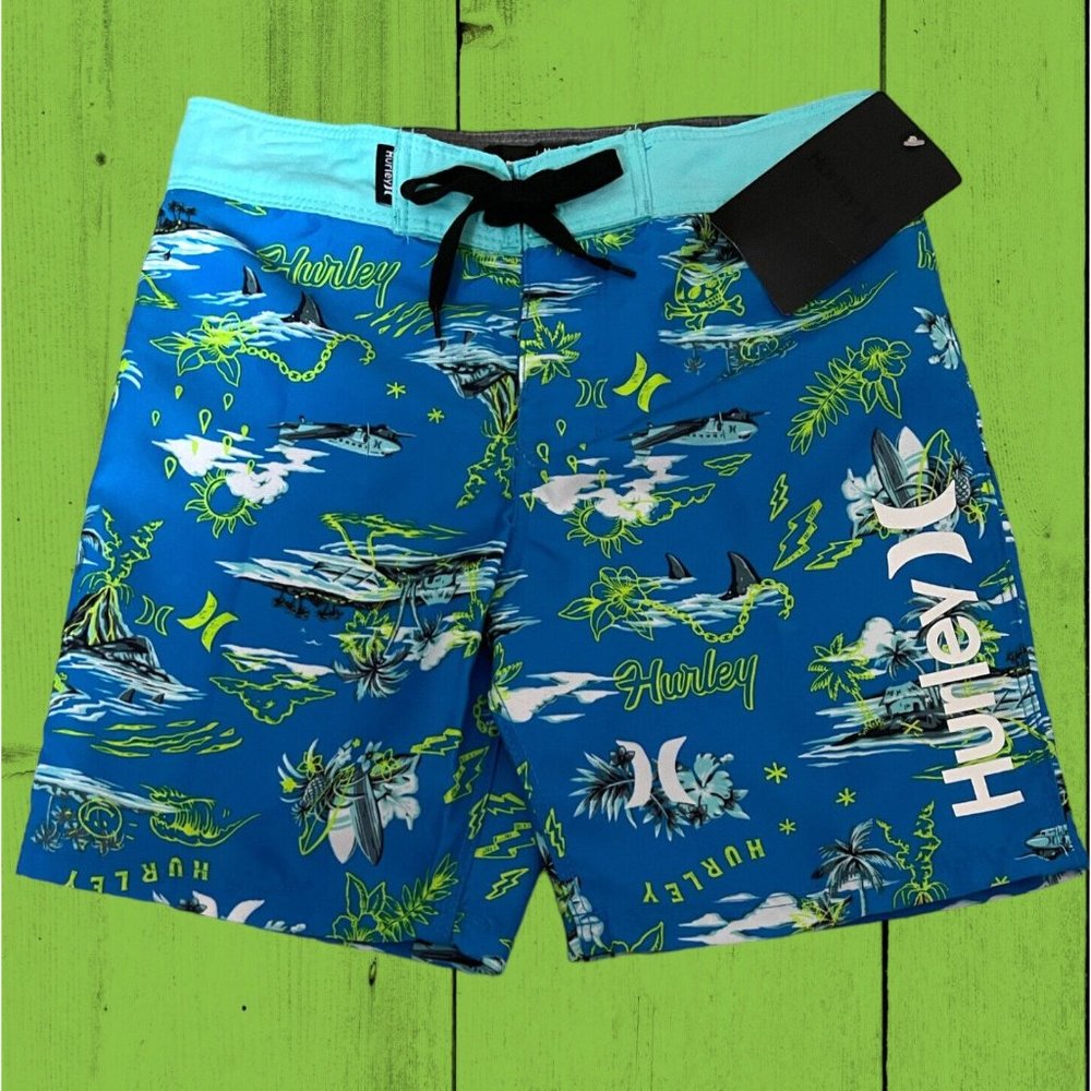 NWT-Hurley Boys SZ: 5 Neptune Blue Island Board Shorts Swim Trunks -Adj. Waist